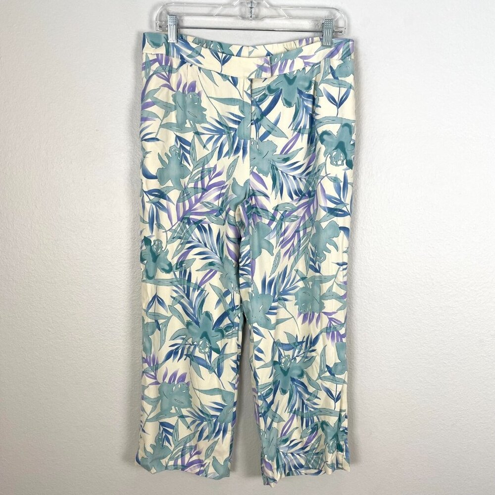 August Silk Womens Large 100% Silk‎ Floral Cropped Pants Tropical Vacation